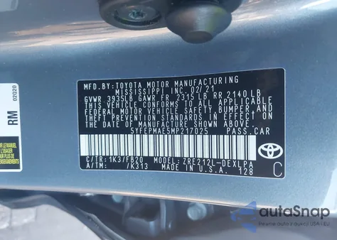 2021 Toyota Corolla Le из США, поврежденный, VIN 5YFEPMAE5MP217025